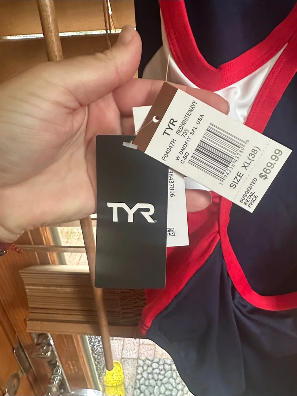 TYR Navy One-Piece Swimsuit with Red Straps and White Panels